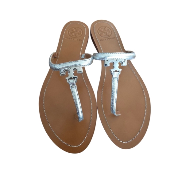 Tory Burch Silver Metallic Leather Strap T Logo Thong 7.5 - Picture 1 of 16